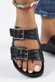 Manijero Anjelic Women's Genuine Leather Black Double Buckled Sandals