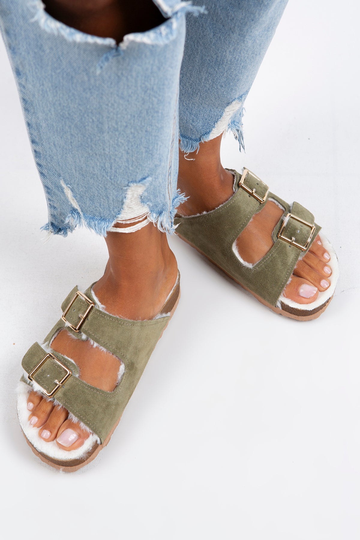 Manijero Anjelic Women's Genuine Suede Leather Fur-Lined Double Buckled Khaki Sandals