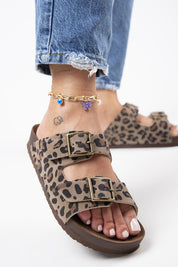 Manijero Anlelic Women's Genuine Leather Mink Leopard Double Buckled Sandals