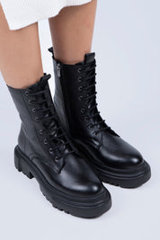 Manijero Despina Women's Genuine Leather Lace-Up Zippered Black Boots