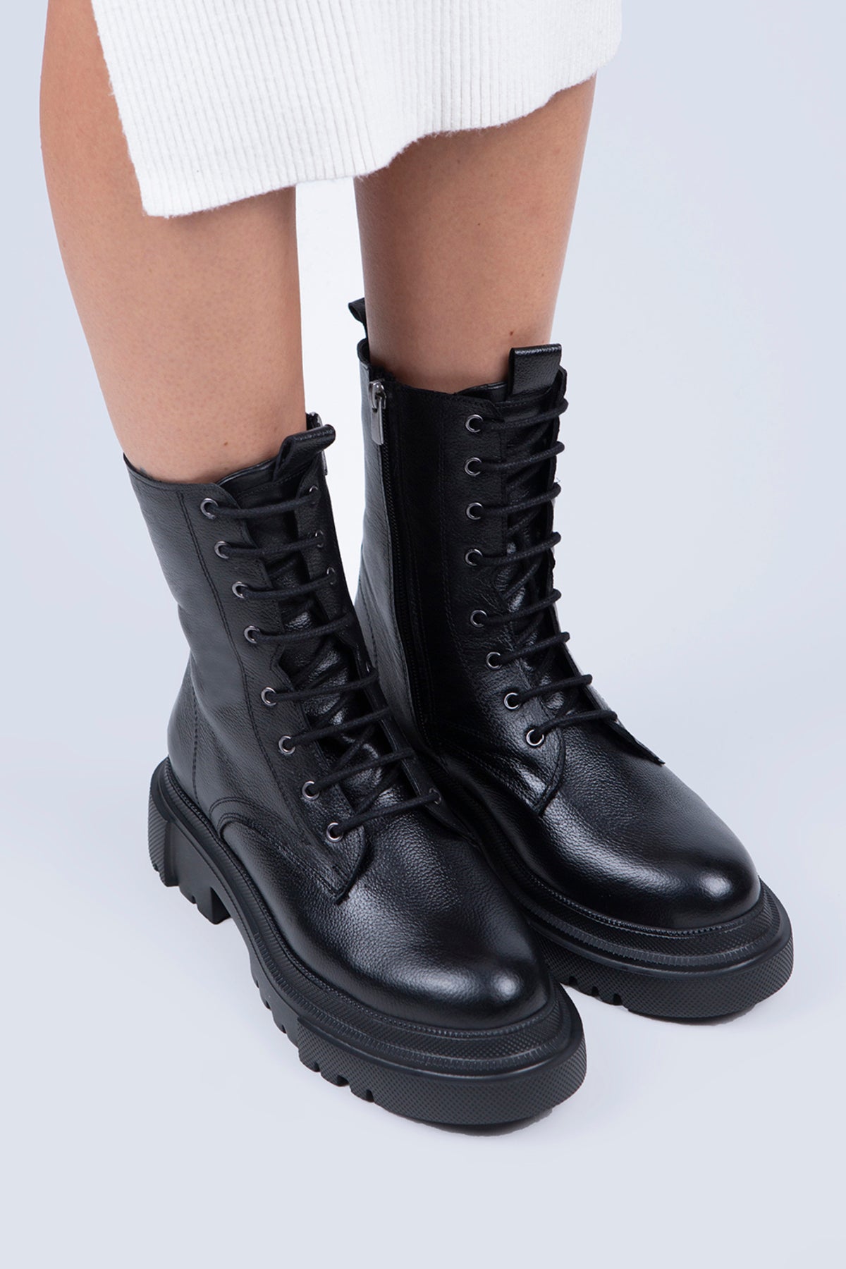 Manijero Despina Women's Genuine Leather Lace-Up Zippered Black Boots
