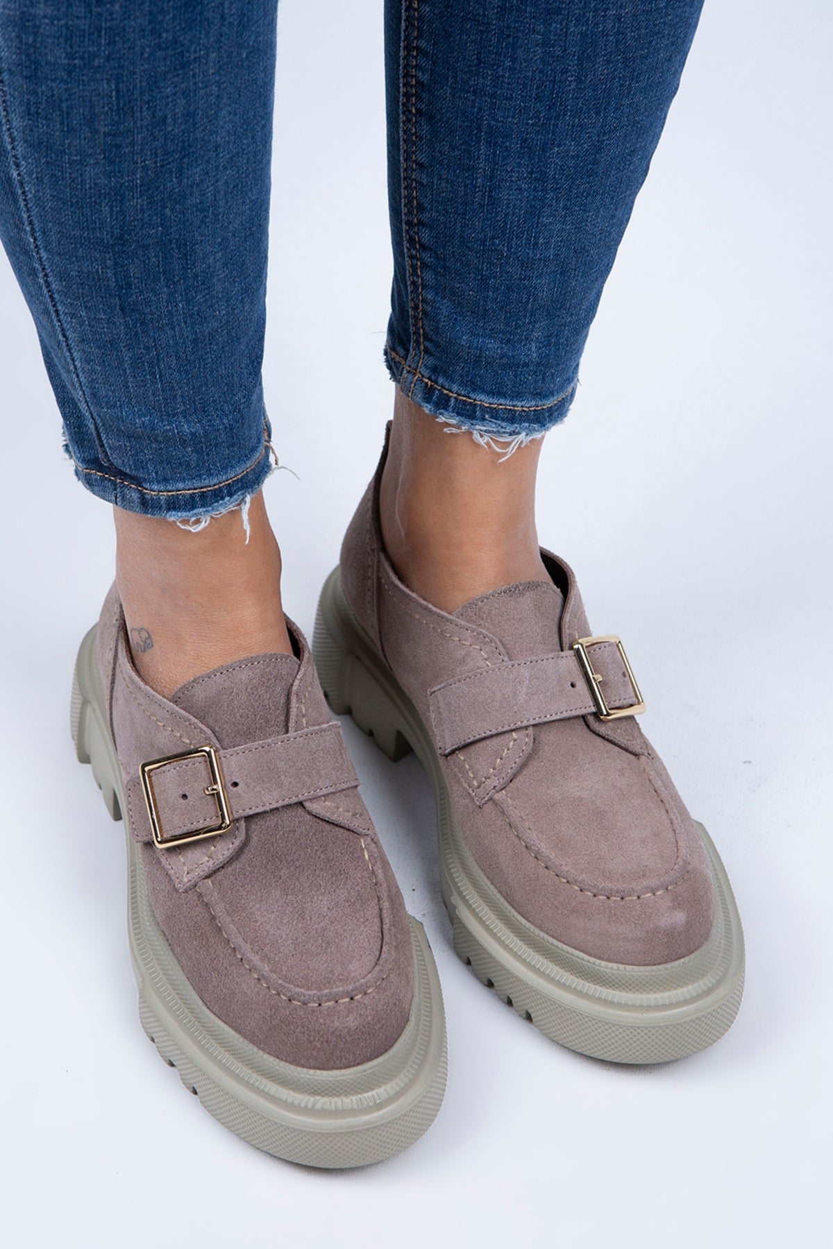 Manijero Gloria Women's Genuine Suede Leather Buckled Strap Beige Loafer Shoes