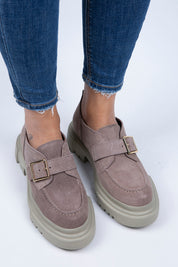 Manijero Gloria Women's Genuine Suede Leather Buckled Strap Beige Loafer Shoes