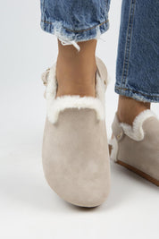 Manijero Holly Women's Genuine Leather Faux Shearling Lined Light Beige Backstrap Clogs