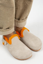 Manijero Holly Women's Genuine Leather Faux Shearling Lined Beige-Orange Backstrap Clogs