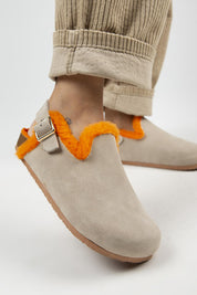 Manijero Holly Women's Genuine Leather Faux Shearling Lined Beige-Orange Backstrap Clogs