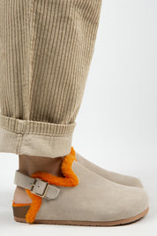Manijero Holly Women's Genuine Leather Faux Shearling Lined Beige-Orange Backstrap Clogs