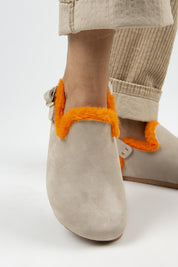 Manijero Holly Women's Genuine Leather Faux Shearling Lined Beige-Orange Backstrap Clogs
