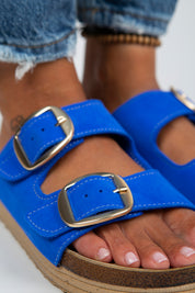 Manijero Selina Women's Genuine Leather Double Buckled Blue-Gold Sandals
